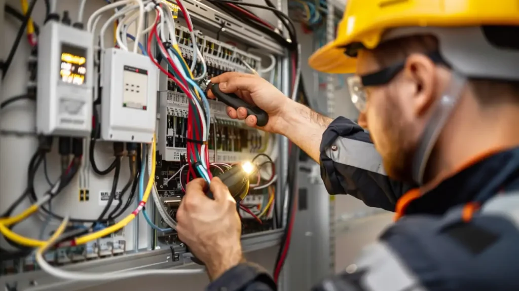 Electrician inspects electrical panel for system upgrade, ensuring safety and efficiency.