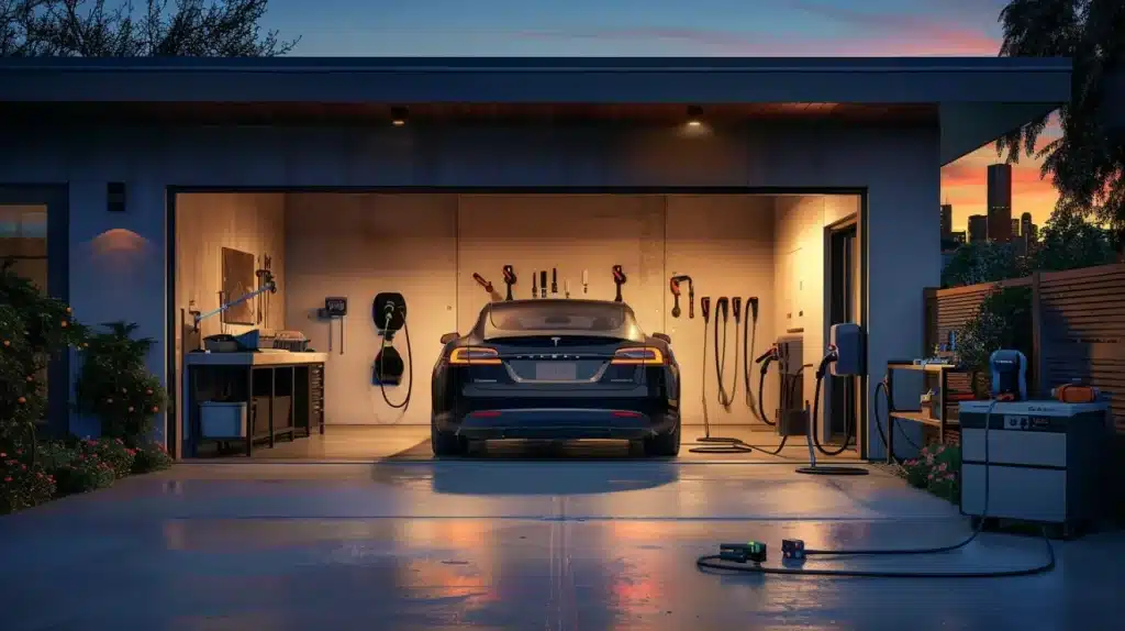 Tesla charging in a garage with multiple EV chargers, reflecting the cost of EV charger installation.