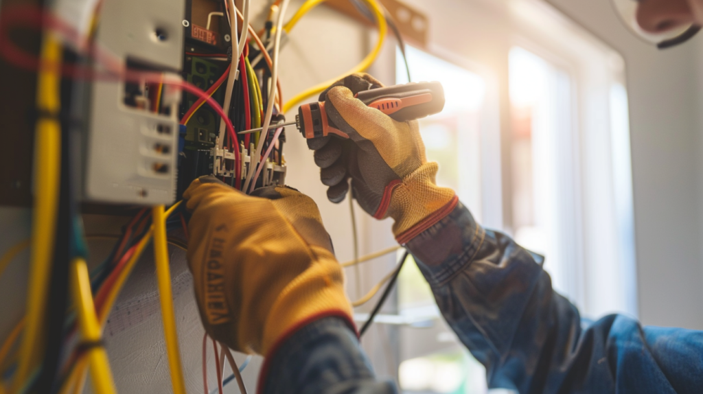 Electrician fixing residential wiring with tools and safety gear