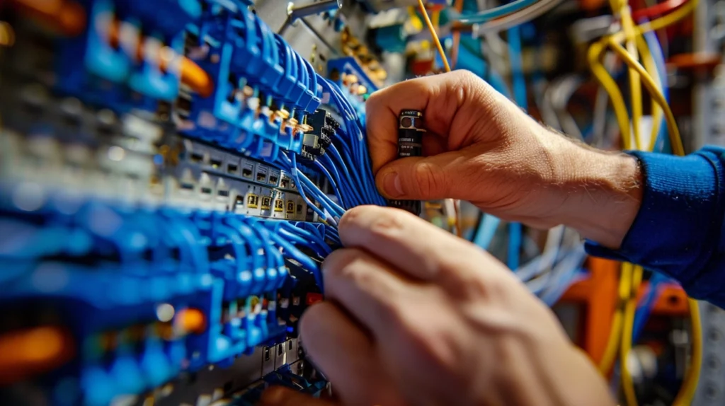 An electrician managing intricate fiber optic cabling connections in a server room.
