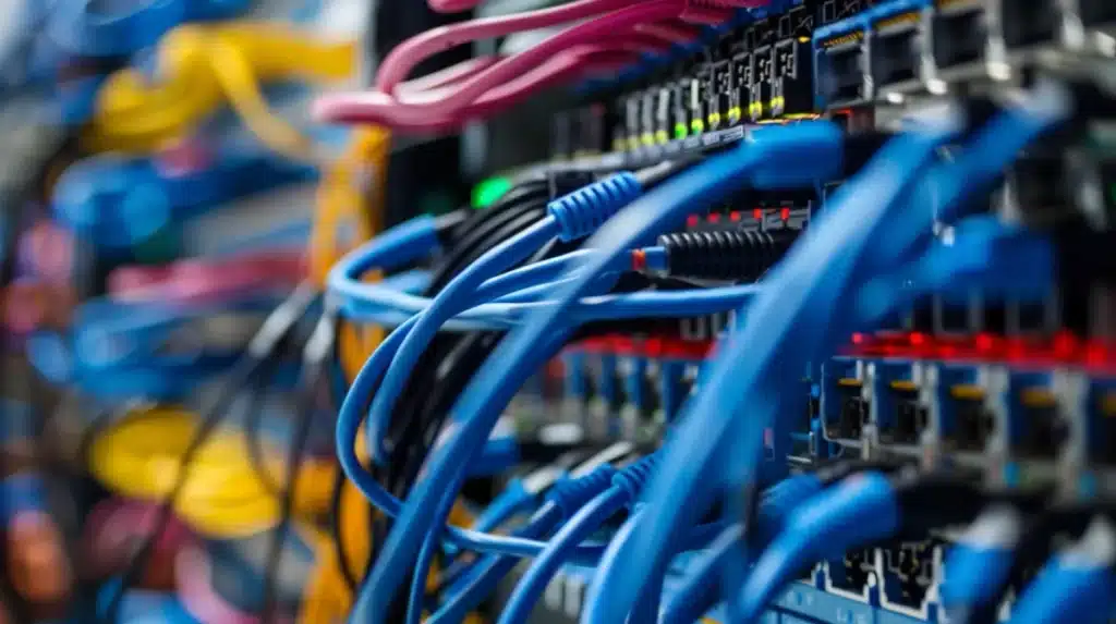Close-up of structured cabling with ethernet cables plugged into a network switch.
