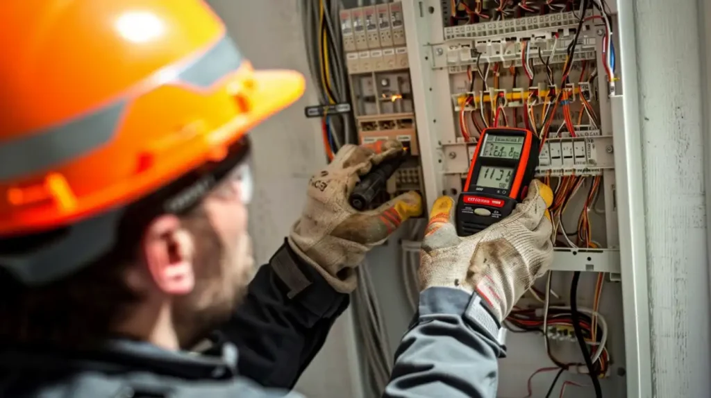 Electrician performs electrical safety inspection with multimeter on electrical panel.