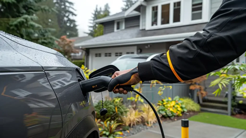 Electrician connects EV charger to electric vehicle in Coquitlam, BC, home.