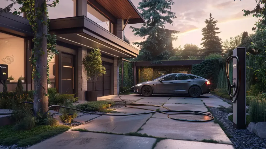 Tesla charging at home with a professionally installed EV charger in North Vancouver.