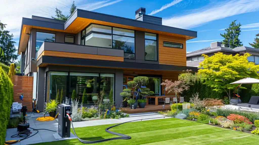 Modern Vancouver home with a newly installed EV charger in the front yard.