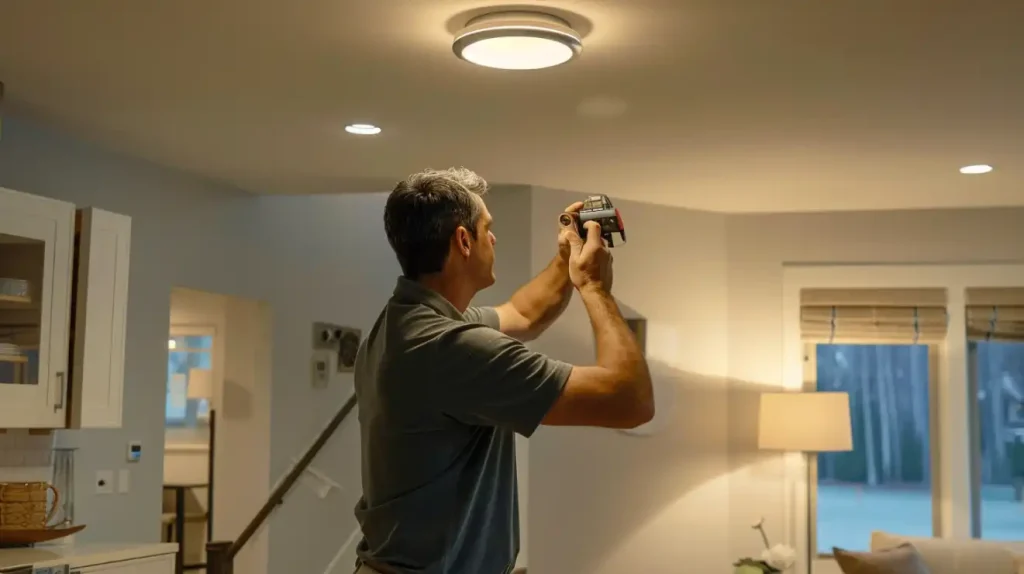 Man installing new modern LED ceiling light fixture with light meter.