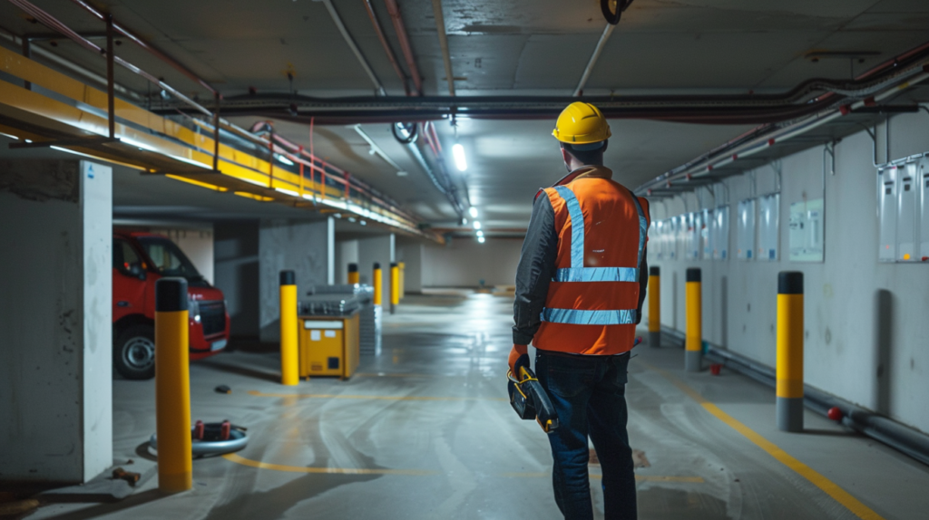 Electrical safety inspection in a strata parking lot.