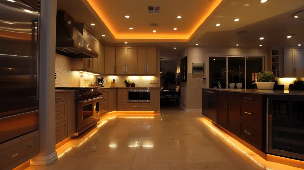 Modern kitchen with custom electrical LED lighting, showcasing electrical solutions.