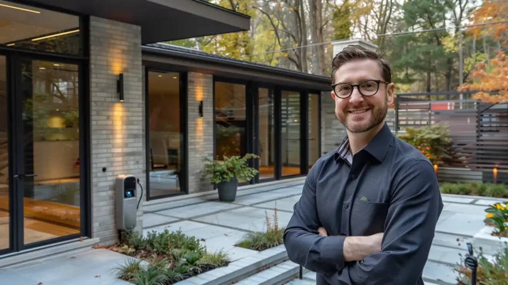Man smiles in front of renovated home with EV charger. Electrical renovations.