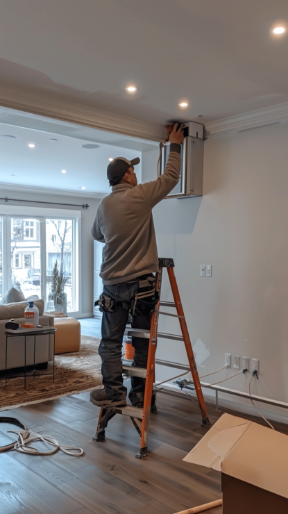 Electrical service call in progress – an expert electrician troubleshooting and repairing an electrical issue in a residential home to restore power and safety.