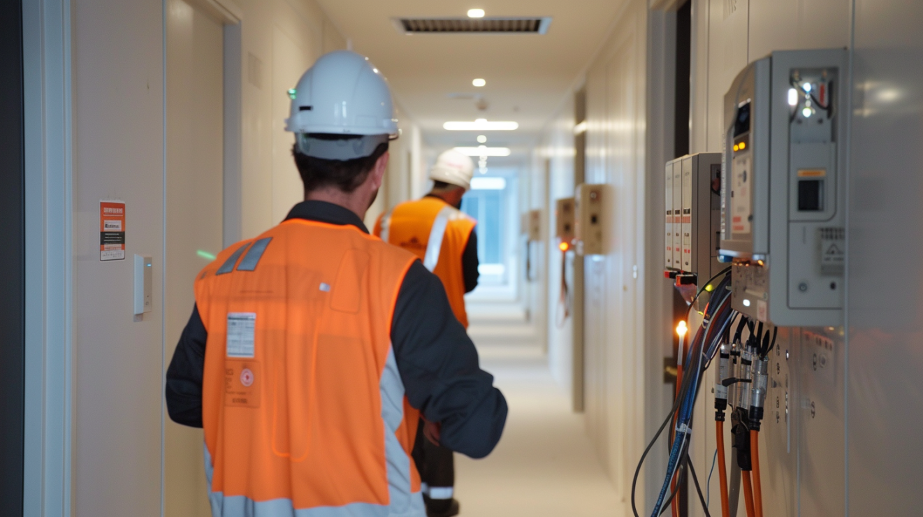 Strata electrical maintenance team inspecting and upgrading the electrical system in a modern residential building, ensuring safety and energy efficiency.