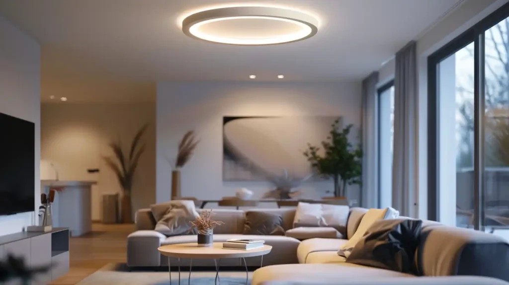 Modern living room with round LED ceiling light fixture, showcasing residential lighting.