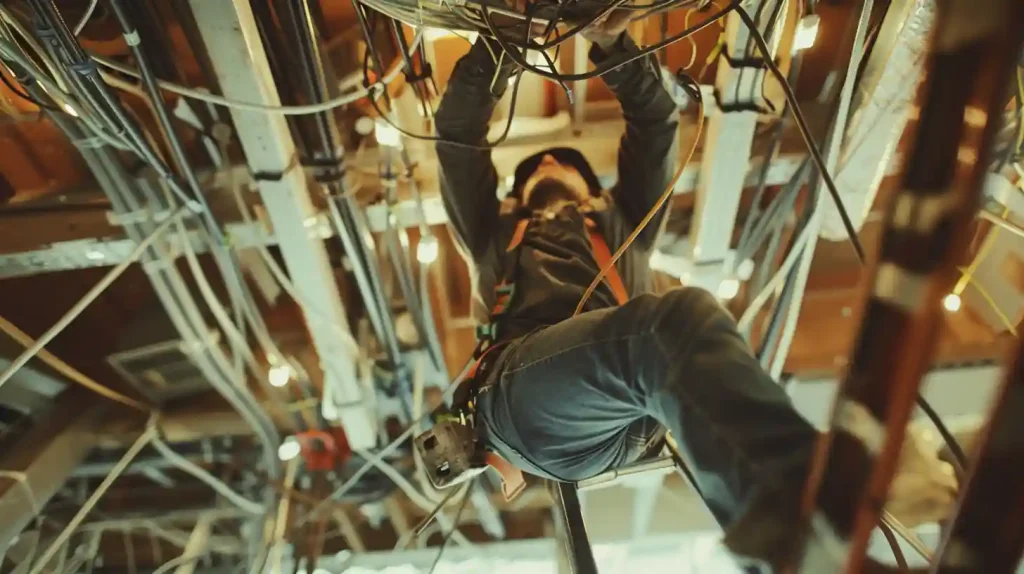 Electrician working with wiring. Electrical contractor on a ladder wiring a ceiling.