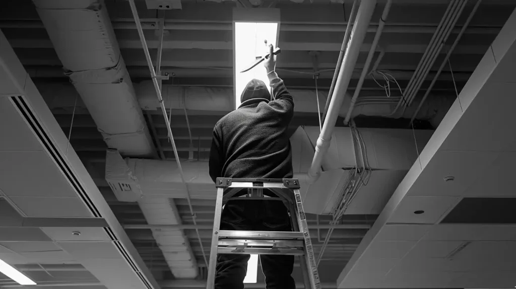 Vancouver electrician on ladder inspecting wiring in a building's ceiling. Electrical repair.