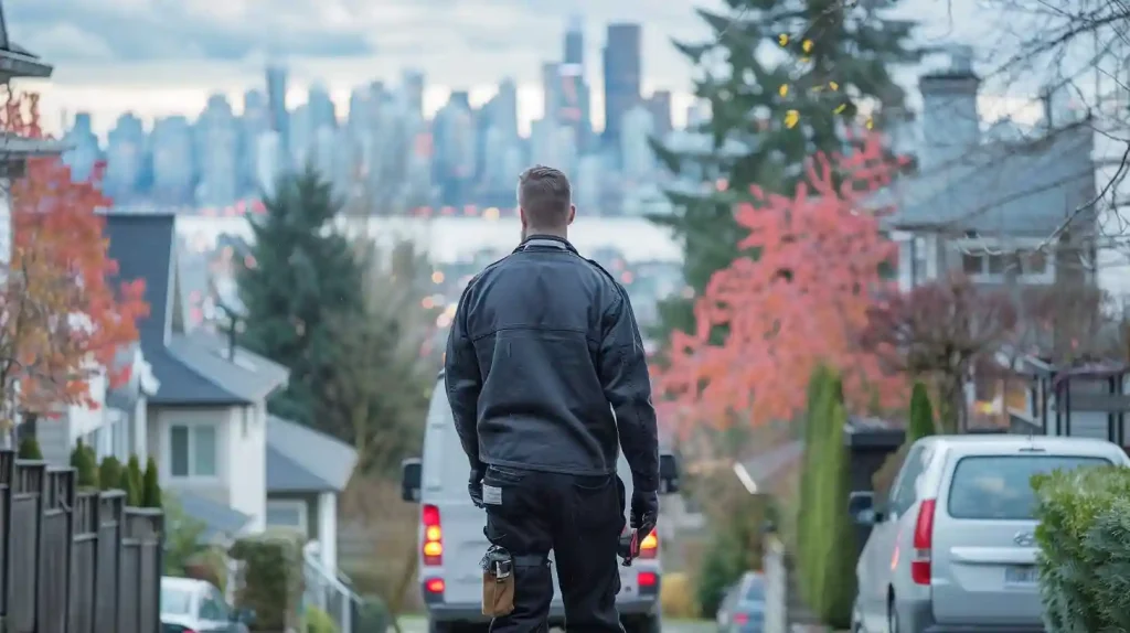 Electrician looking at city skyline with his work van. Affordable electrician services nearby.