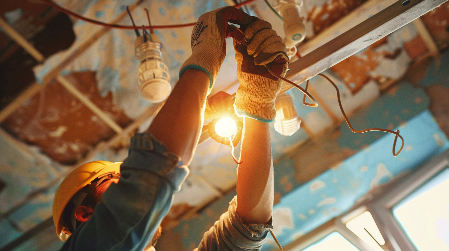electrician inspecting flickering light issue