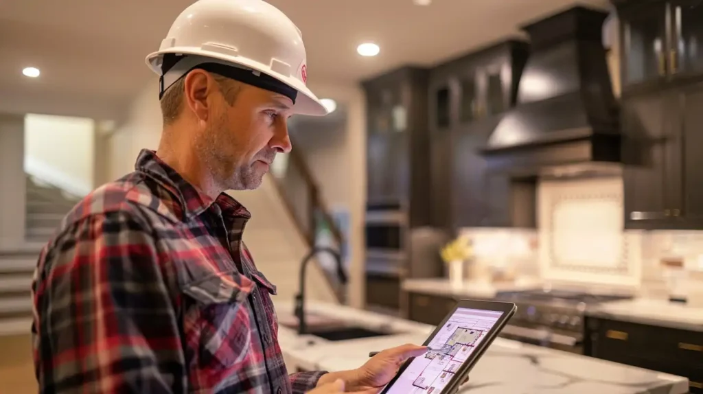 Electrician reviews blueprints on tablet in modern kitchen. Electrical contractor near me.