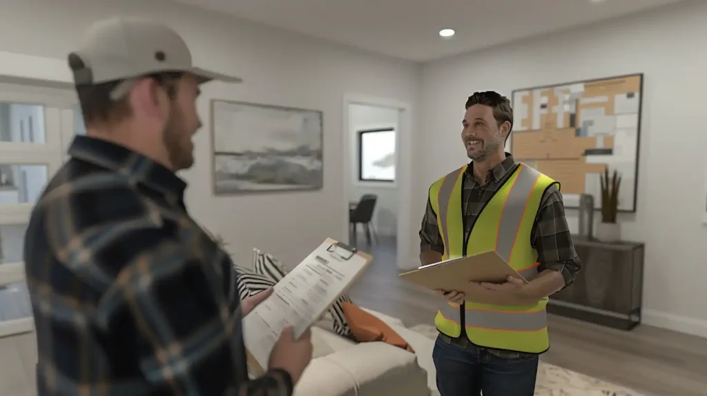 Two electricians discussing a project plan inside a home. Certified electricians near me.