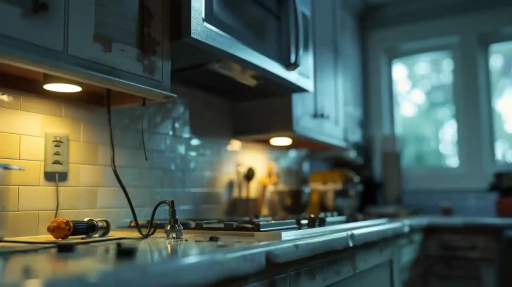 Residential kitchen with electrical outlet, under cabinet lights, and gas range.