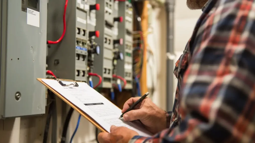 Electrician performs an electrical inspection, filling out a checklist on a clipboard.