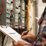 Electrician performs an electrical inspection, filling out a checklist on a clipboard.