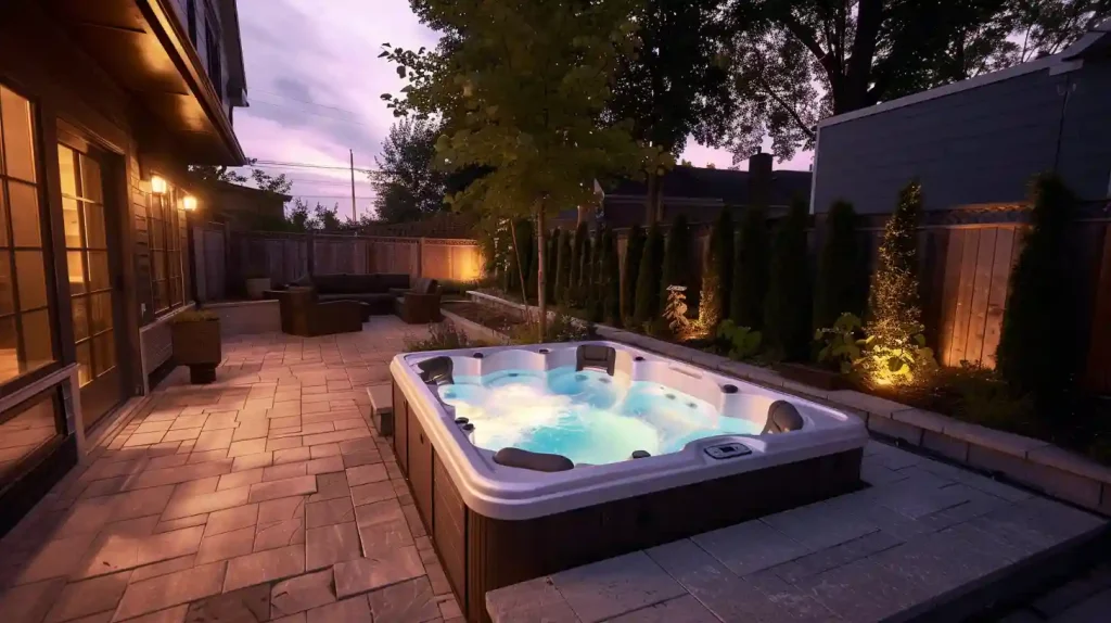 Backyard hot tub with electrical installation and patio lighting in Metro Vancouver.