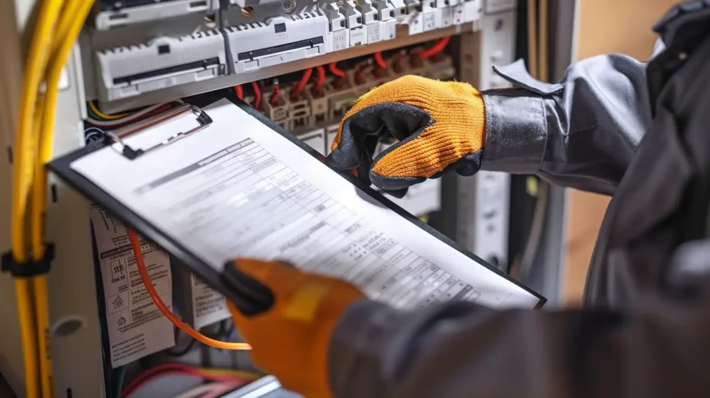 Electrician completing an electrical panel inspection checklist.