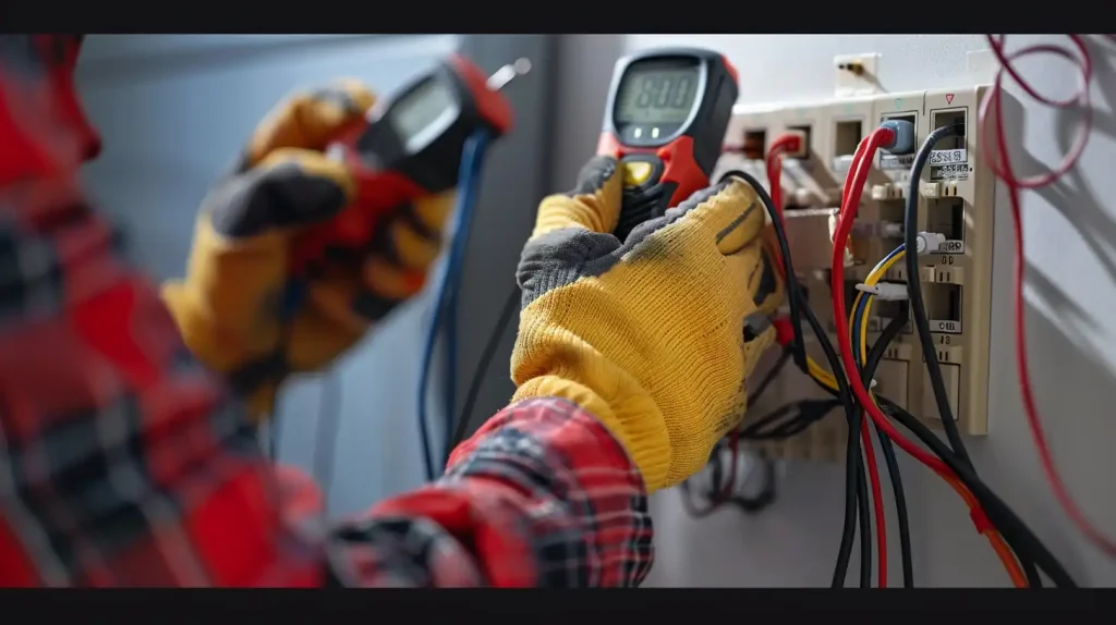 Metro Vancouver electrician tests electrical panel with multimeter for repairs.