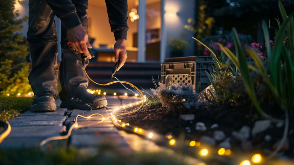 Technician installs landscape lighting to transform a home's yard at night.
