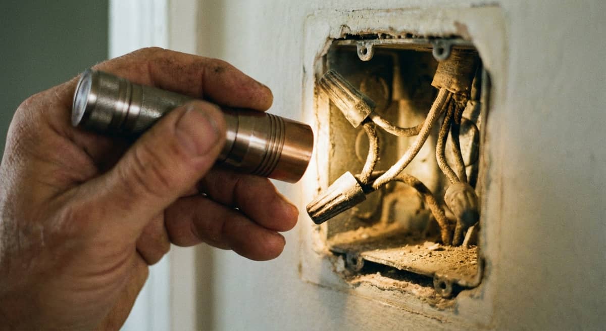 Close-up of electrical wiring inspection in a residential wall outlet