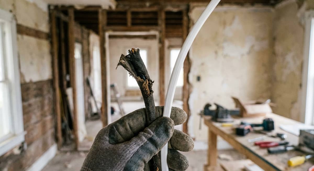 Comparison between old brittle wire insulation and new modern electrical cabling