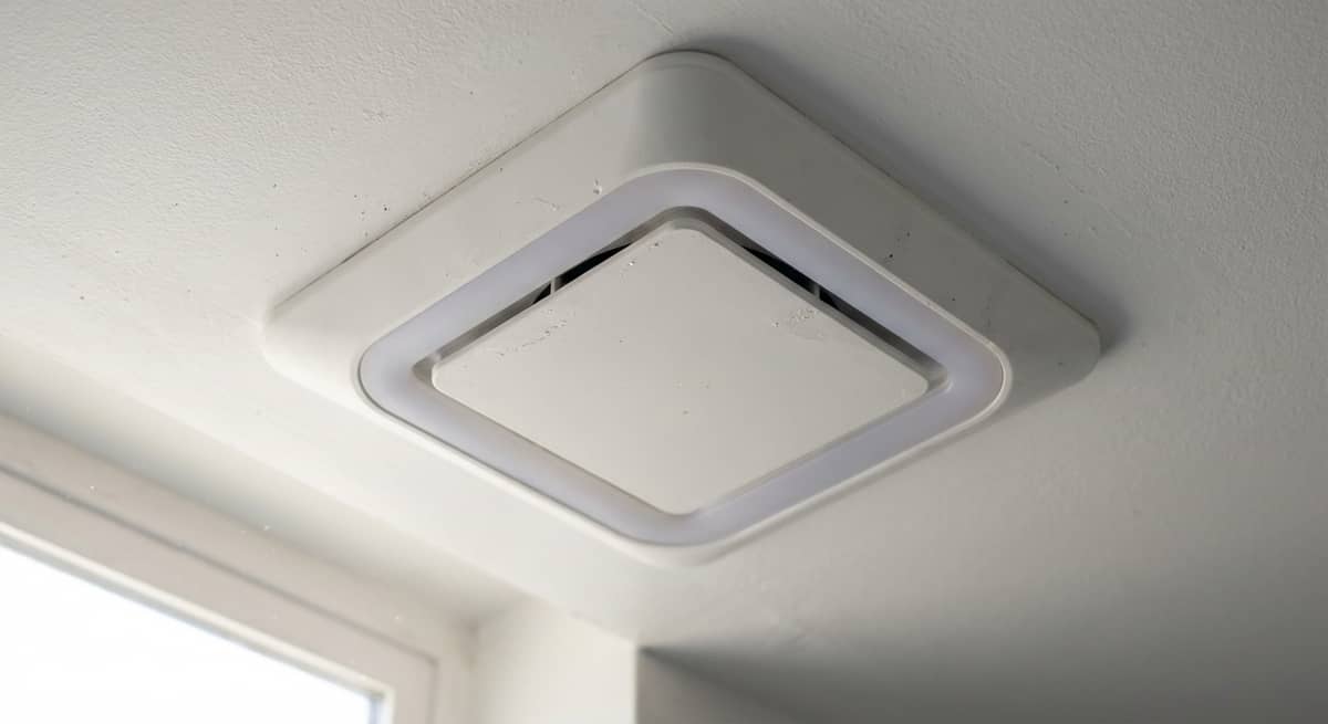 Modern bathroom fan with LED light installed on a ceiling