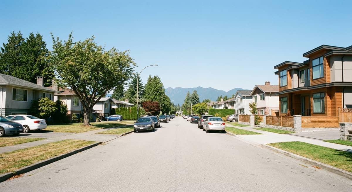 Residential neighborhood street with diverse housing styles in Burnaby