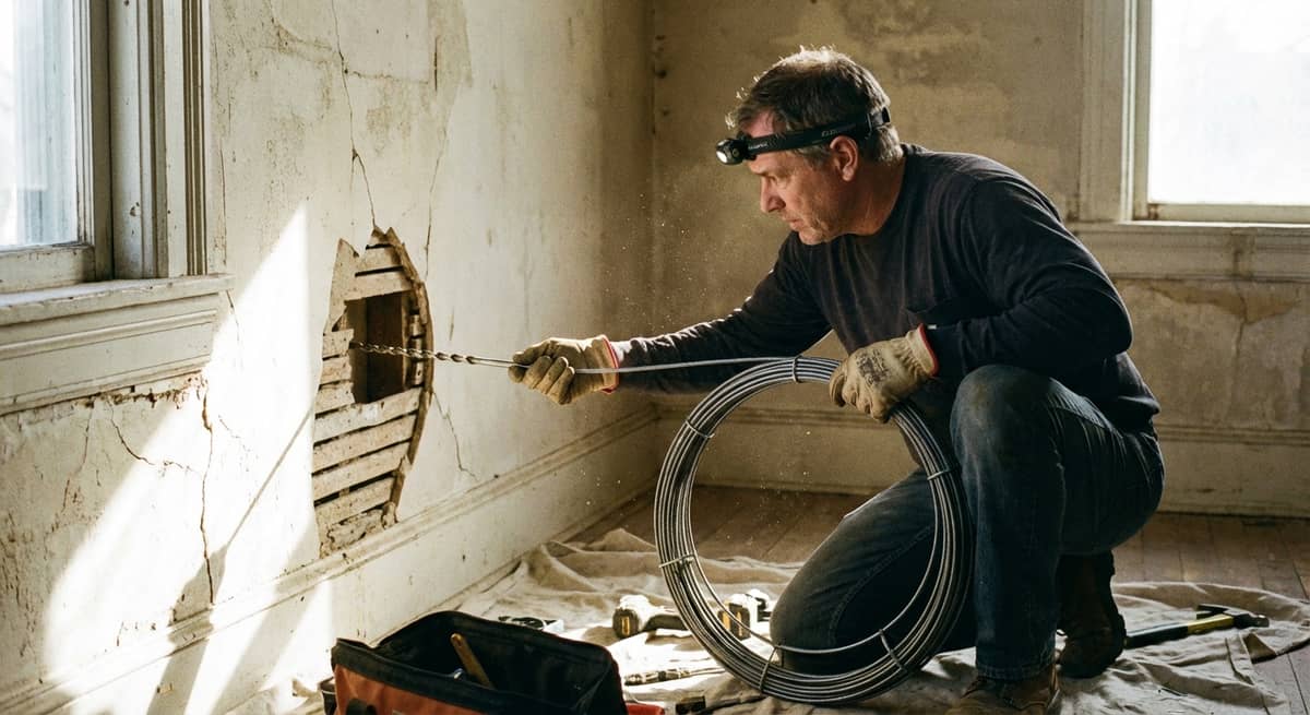Electrician fishing wires through a plaster wall using specialized tools
