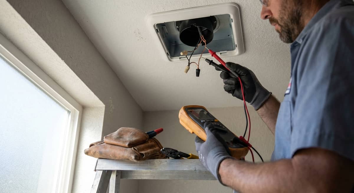 Electrician testing electrical wiring for a ventilation unit