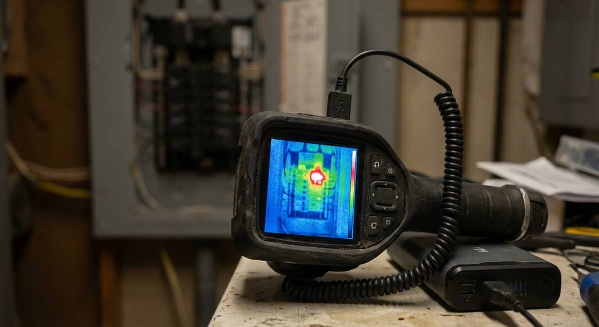 Thermal imaging camera showing heat signatures in an electrical panel