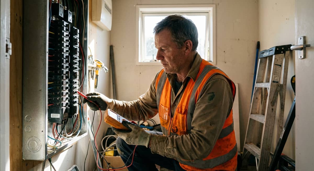Electrician testing a circuit breaker panel with a multimeter