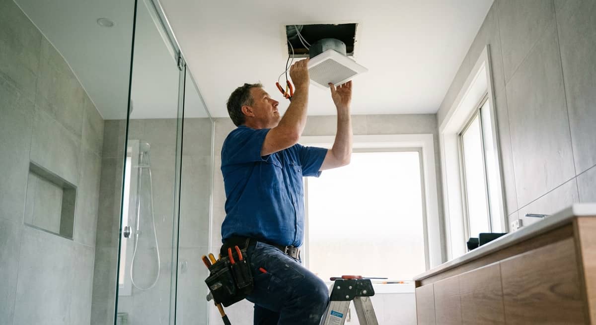 Electrician installing a bathroom exhaust fan in a ceiling